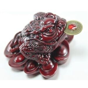 Feng Shui Resin Wealth Frog W/ Separate I-Ching Coin sitting on bed of yuan boa